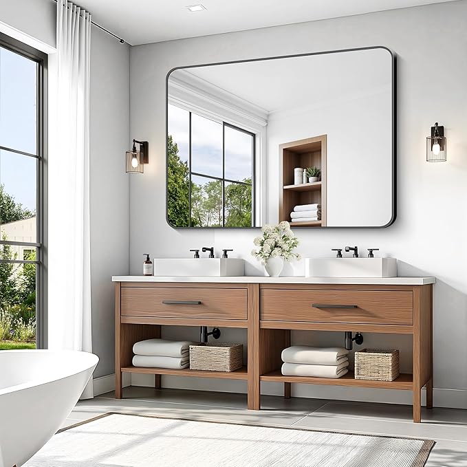 KOCUUY Black Bathroom Mirror 55"x40", Large Vanity Mirror with Rounded Corner, Metal Black Frame with Mordern Design for Bathroom, Living Room, Entryway, Hang Horizontal/Vertical