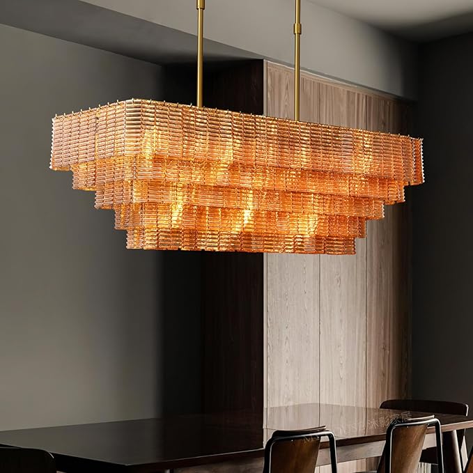 Large Chandelier for Dining Room, 59" 11-Light Amber Rectangular Chandeliers for High Ceilings, Modern Gold Kitchen Island Hanging Light Fixture for Living Room, Dining Room, Kitchen Island, Foyer