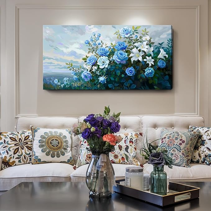 Nicetop Large Floral Canvas Wall Art - Modern Botanical Artwork Abstract Blue Rose White Lily Flower Bouquet Art Prints on Wrapped Canvas Nature Picture for Living Room Bedroom Home Decor 48x24 Inch