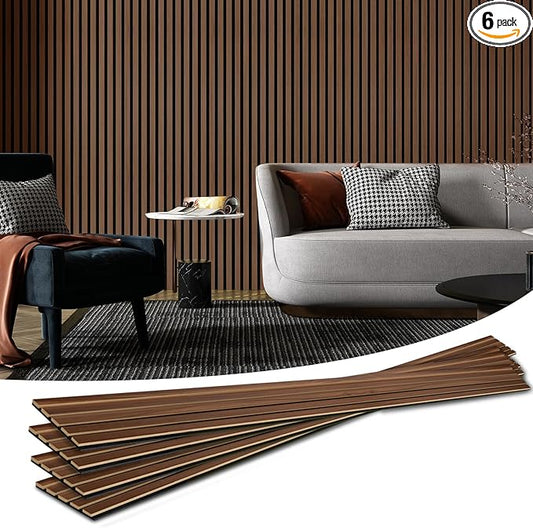 Art3d 6-Pack Acoustic Wood Slat Wall Panels for Interior Decor, 3D Fluted Sound Absorbing Wood Paneling for Accent Wall Ceiling Kitchen Living Room Bedroom Office, 94.5 x 7.9 inch Deep Walnut