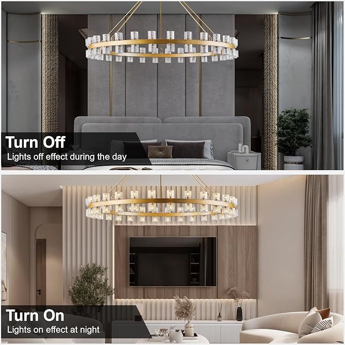 60 Inch Gold Wagon Wheel Chandelier with Crystal Shade, 60 Lights, Modern Farmhouse Style, Ideal for Dining Room, Kitchen, Entryways