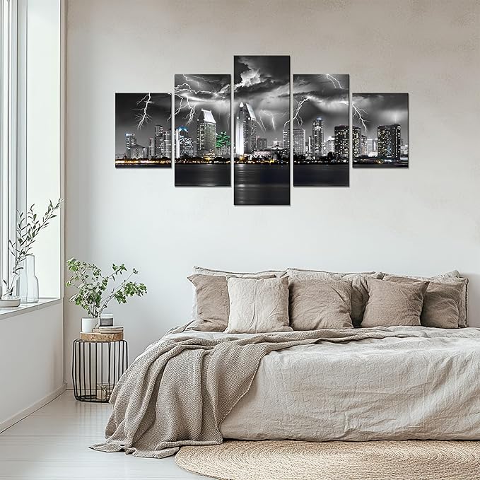 Cawpom San Diego Wall Art Black and White California Skyline Wall Decor Nature Lightning Strikes in The Clouds Picture Canvas Print Painting Poster Frame Home Living Room Decoration(60x32 inches)