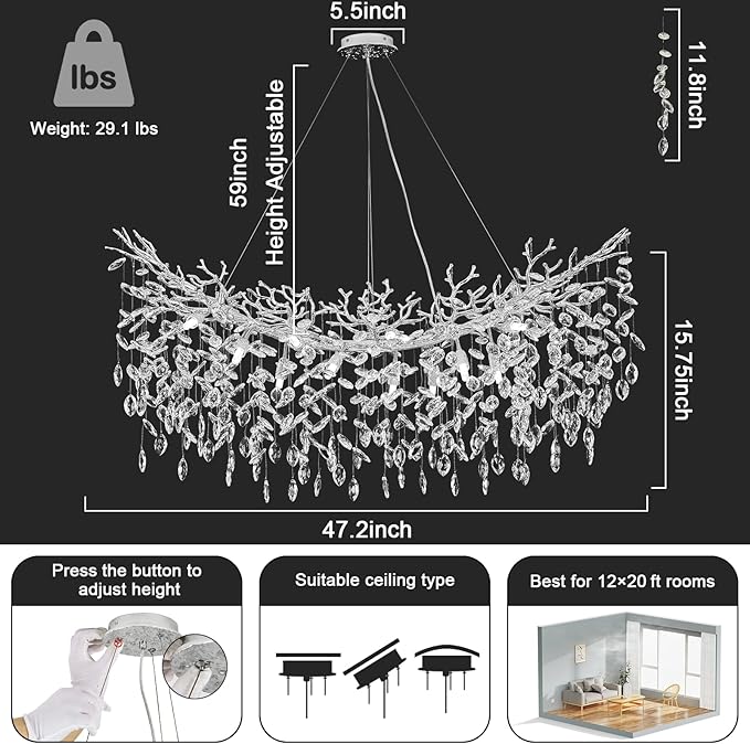 Modern Crystal Chandelier, L47 Silver Tree Branch Chandeliers for Dining Room 14 Lights Large Rectangular Chandeliers for High Ceilings Living Room Chandelier, Height Adjustable
