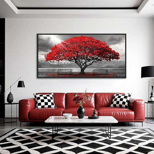 AJAZIKO Red Wall Art - Modern Framed Wall Art for Living Room - Red Tree Black and White Landscape Canvas Prints Posters & Prints for Home Office Bedroom Decorations - Large Wall Pictures 24×48IN