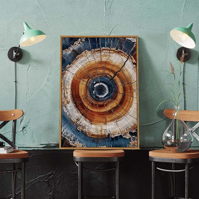 BingruiArt Framed Tree Ring Canvas Wall Art Abstract Wood Wall Decor Boho Modern Colorful Nature Painting Wood Stump Prints Pictures for Living Room Bedroom Bathroom Office 16"x24" Natural Framed(05)