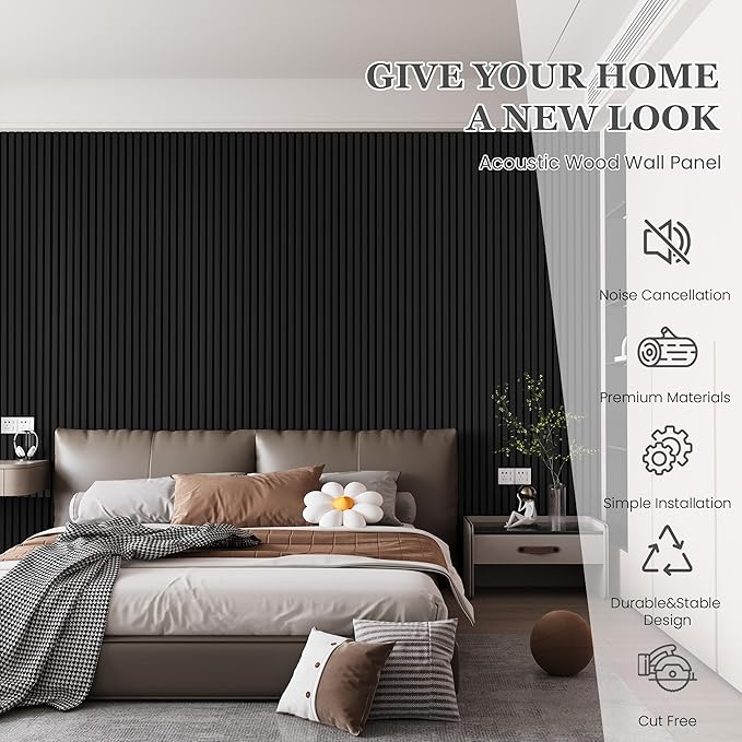 2 Pack 105.9" x 12.6" x 0.8" Acoustic Wall Panels Sound Absorbing, Wood Slat Wall Panels for Wall Decor, Soundproof Wood Wall Panels, Matte Black