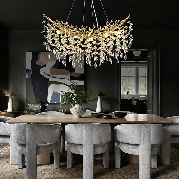 L36inch Crystal Rectangle Chandelier for Dining Room, Gold Tree Branch Chandeliers Over Table, Top K9 Crystal Modern Chandeliers for Kitchen Island,Dining Table,Luxury Rectangular Chandelier
