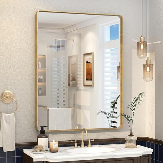 28x36 Gold Framed Bathroom Mirror, Brushed Gold Metal Vanity Mirror, Rectangle Modern Mirror for Wall, Rounded Corner, Tempered Glass, Anti-Rust, Shatterproof, Hangs Horizontally or Vertically