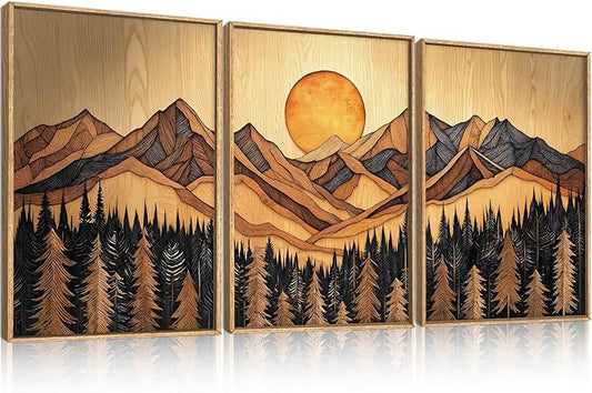 Ausril Woodcut Mountain Pine Tree Framed Canvas Wall Art Set of 3-16x24 Inch, Vintage Nature Forest Wilderness Landscape Print, Brown Boho Style Painting for Living Room, Bedroom, Office Decor