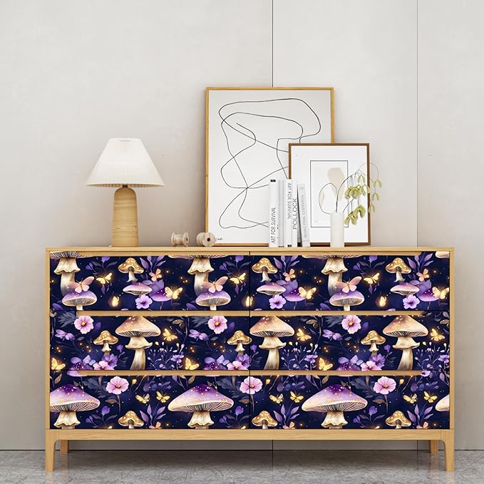Mushroom Wallpaper Boho Peel and Stick Wallpaper Purple Leaf Vintage Contact Paper Purple Floral Wall Paper Removable Wallcovering Self Adhesive for Cabinet Drawers Wall Decor 17.5''x393''