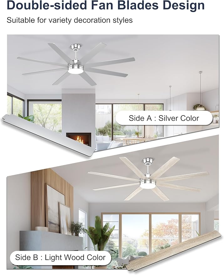 72'' Silver Ceiling Fans with Lights, 8 Blades Large Ceiling Fan Remote/APP Control, Dimmable, Silent Big Ceiling Fan for Indoor/Covered Outdoor