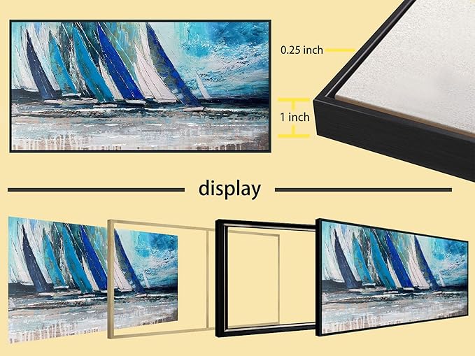 Arjun Framed Wall Art Blue Extra Large Abstract Wall Art Canvas for Living Room, Teal Coastal Nautical Sailboat Picture Painting Artwork Bedroom Home Office Wall Decor, Black Wood 58"x29"