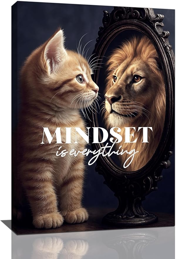 Motivational Lion And Cat Wall Art For Kids Mindset Is Everything Nursery Canvas Wall Decor Inspirational Pictures Paintings Prints Artwork Framed Decorations For Children's Room Bathroom Bedroom Living Room Office Gifts 16" x 24"