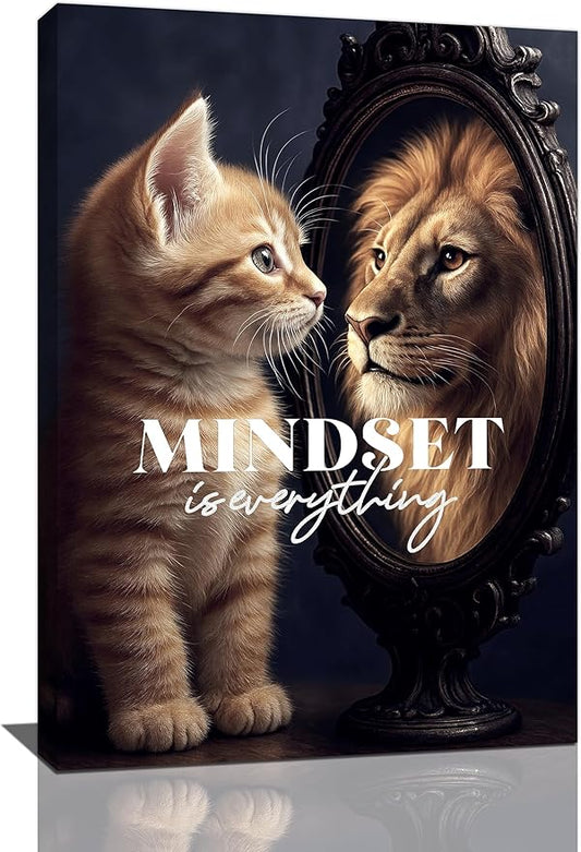 Motivational Lion And Cat Wall Art For Kids Mindset Is Everything Nursery Canvas Wall Decor Inspirational Pictures Paintings Prints Artwork Framed Decorations For Children's Room Bathroom Bedroom Living Room Office Gifts 16" x 24"