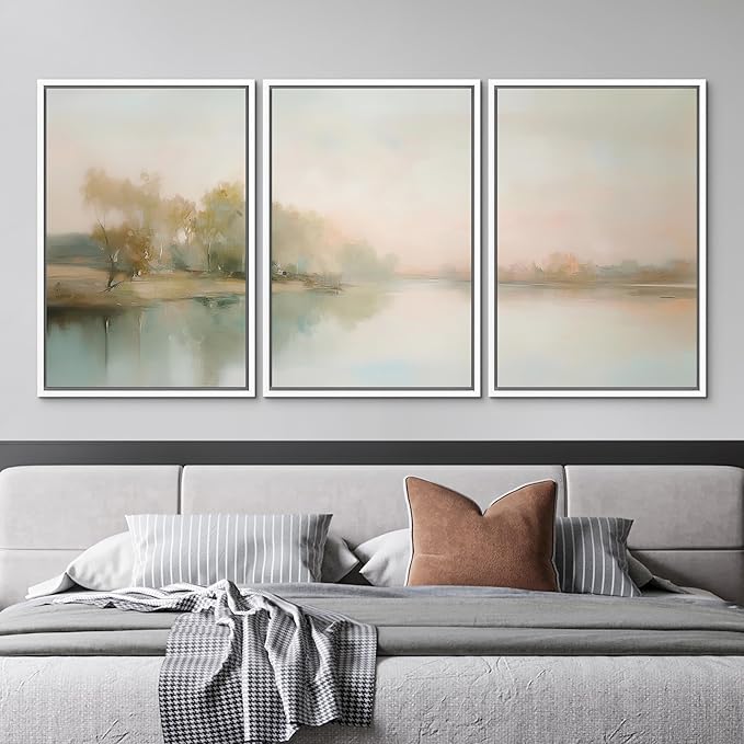 MUDECOR Framed Wall Art Print Set Soft Pastel Landscape Serene Waters and Reflections Illustrations Modern Art Boho Decorative Colorful Chic for Living Room, Bedroom, Office - 16"x24"x3 White
