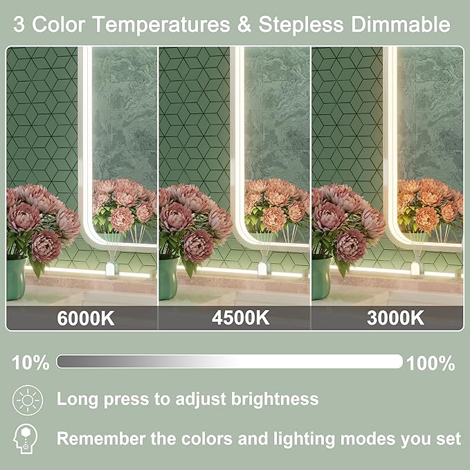 24x36 Inch Silver LED Bathroom Mirror with Lights, Adjustable 3000K/4500K/6000K, Lighted Bathroom Vanity Mirrors, Dimmable, Anti-Fog, Memory Functions, Wall Mounted, Horizontal/Vertical