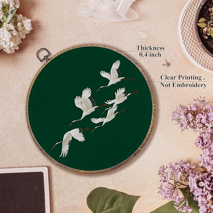 FUGWN Japanese Crane Round Wall Art Decor Framed, Japandi Canvas Artwork Prints, Dark Green Asian Oriental Japanese Crane Bird Wall Hanging Decorations for Home Bedroom Living Room, 10x10 Inch