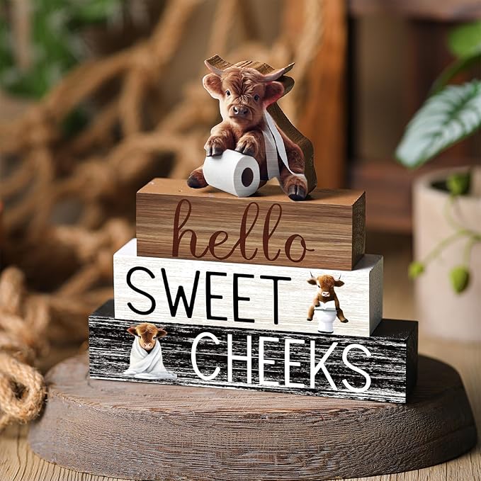 4 Pcs Christmas Highland Cow Bathroom Decor Farmhouse Bathroom Decoration Western Hello Sweet Cheeks Table Centerpiece