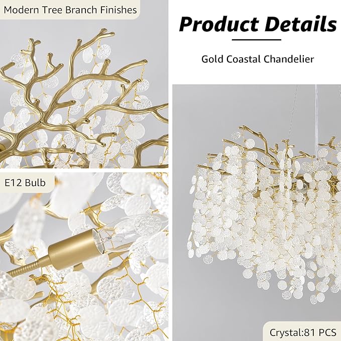 32 Inch Gold Crystal Chandelier, 10-Light Coastal Chandeliers for Dining Room, Large Modern Tree Branch Light Fixtures, Seashell Chandelier for Entryway Foyer Bathroom Living Room, E12