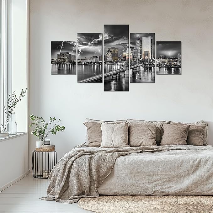 Cawpom Jacksonville Florida Wall Art Jacksonville Skyline Wall Decor Jacksonville Florida Bridge Picture Frame Lightning Strikes Canvas Print Storm City Painting Poster Home Decoration(60x32 inches)