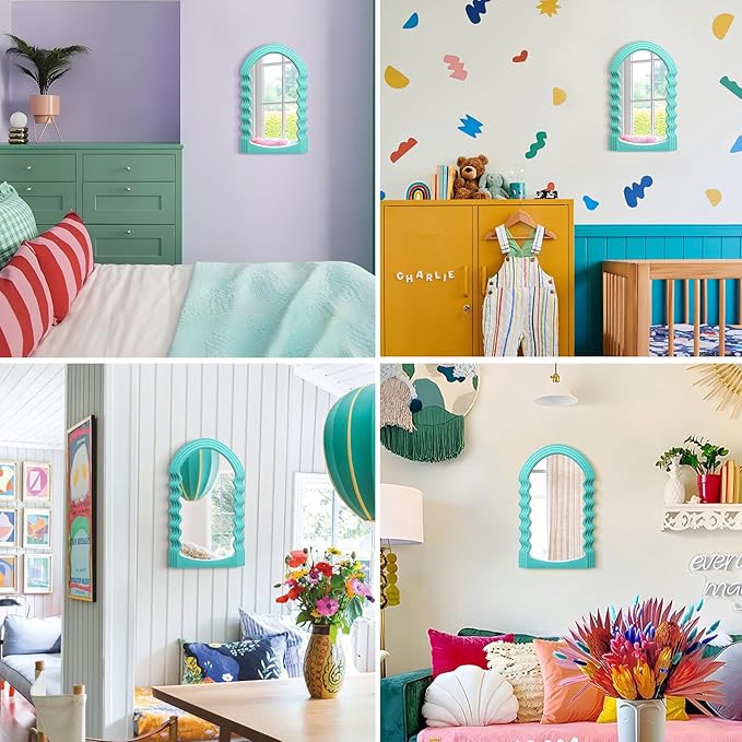 Arched Wall Mirror Home Office Decor, Cute Wall-Mounted Decorative Mirrors for Modern Apartment Bedroom Nusery Room Decoration, Hanging Wall Art Above TV Desk Table Decor (Turquoise Blue)