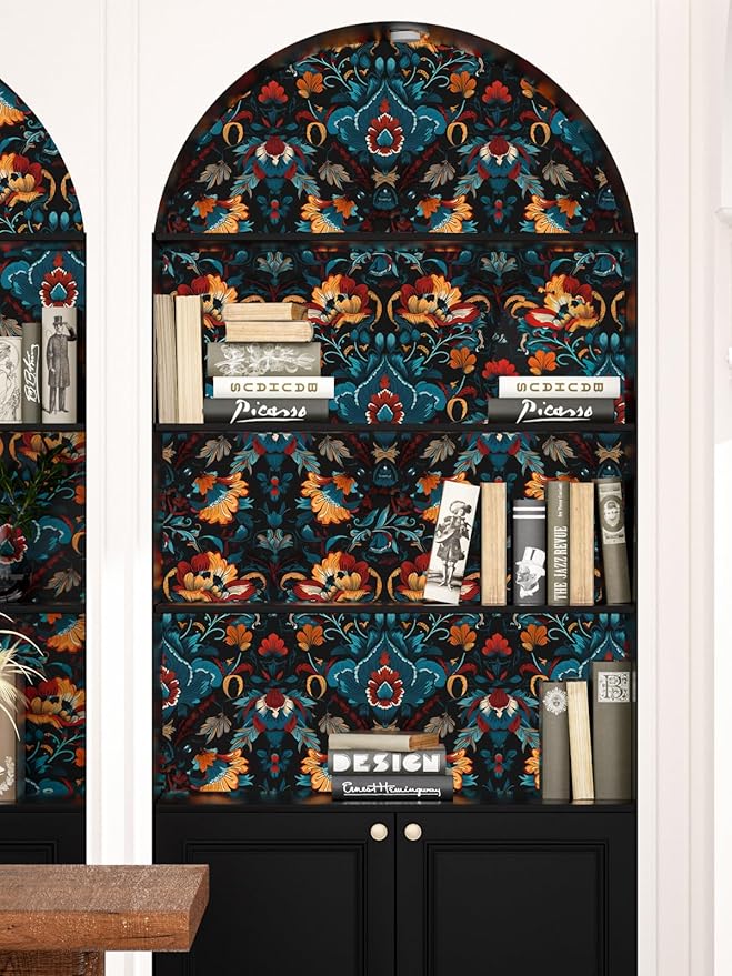 Black Floral Peel and Stick Wallpaper Boho Leaf Contact Paper Red Flower Removable Self Adhesive Waterproof Wall Paper for Cabinet Drawers Wall Decor Renter Friendly 17.5''x118.1''