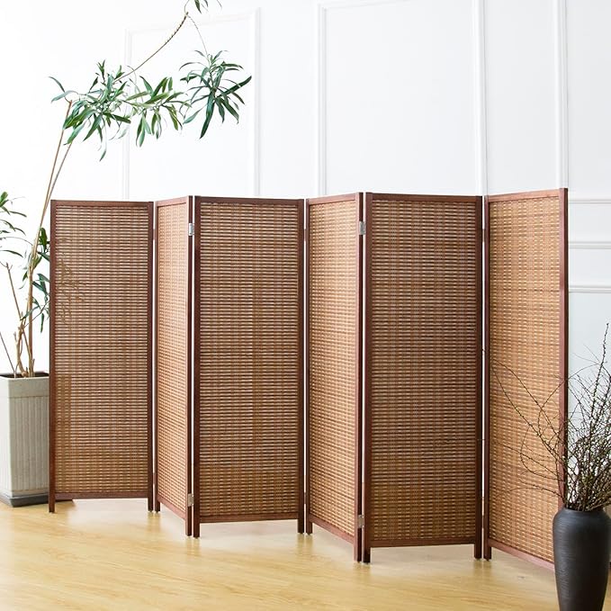 6 Panel Room Divider Short Folding Screen Divider,Double Sided Bamboo Panel Divider for Room Separation,Brown,47.2" H x 92.1" W