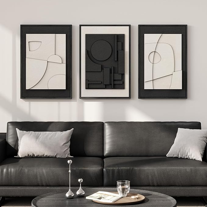 3D Textured Framed Black and White Abstract Wall Art for Bedroom, 3 Piece Modern Paintings Artwork for Walls, Minimalist Black White Geometric Pictures for Living Room, Dining Room Wall Decor 16x24 In