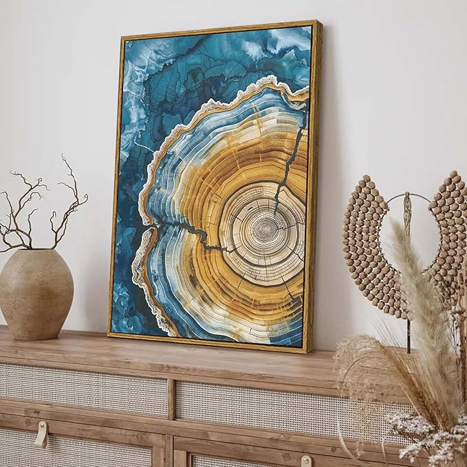 BingruiArt Framed Tree Ring Canvas Wall Art Abstract Wood Wall Decor Boho Modern Colorful Nature Painting Wood Stump Prints Pictures for Living Room Bedroom Bathroom Office 16"x24" Natural Framed(07)