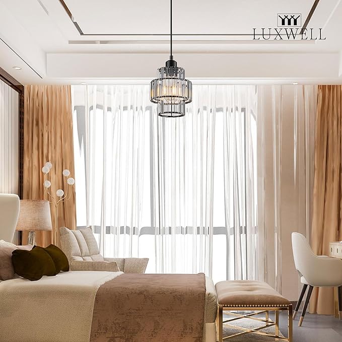 Modern Crystal Chandelier, 6"x7" Classic Crafted Pendant Light, Glass & Metal Hanging Light for Innovative Small Space Use in Dining Room, Kitchen Island, Bedroom, Living Room - Obsidian