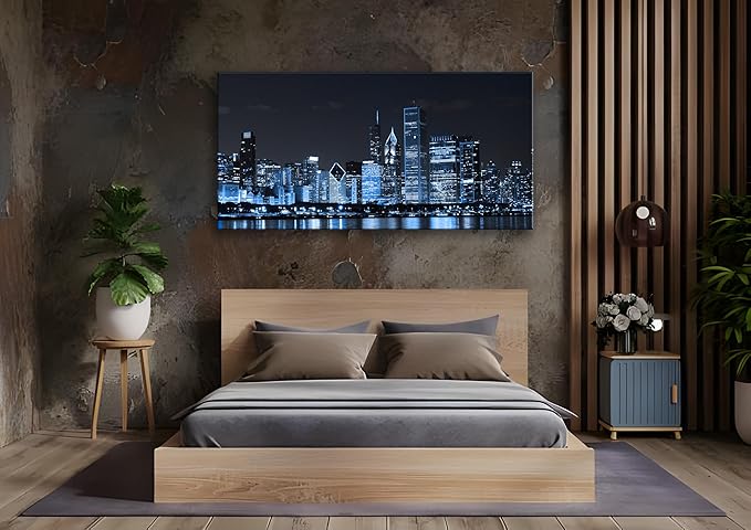 NAN Wind Chicago City Center Skyline Canvas Prints Modern Office Decor Chicago Skyline Canvas Art Cityscape Wall Decorations Blue Wall Decor for Living Room Pictures for Bedroom Decorations