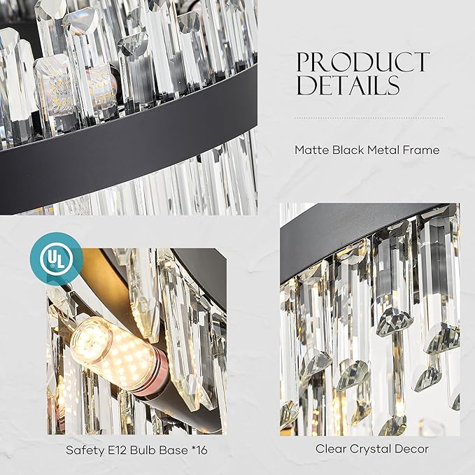 31.9" Black Modern Crystal Chandelier Light Fixtures Luxury 2 Ring Crystal Chandeliers for Dining Room 16-Light Round Hanging Pendant Lighting for Living Room Kitchen Island Entryway Bedroom