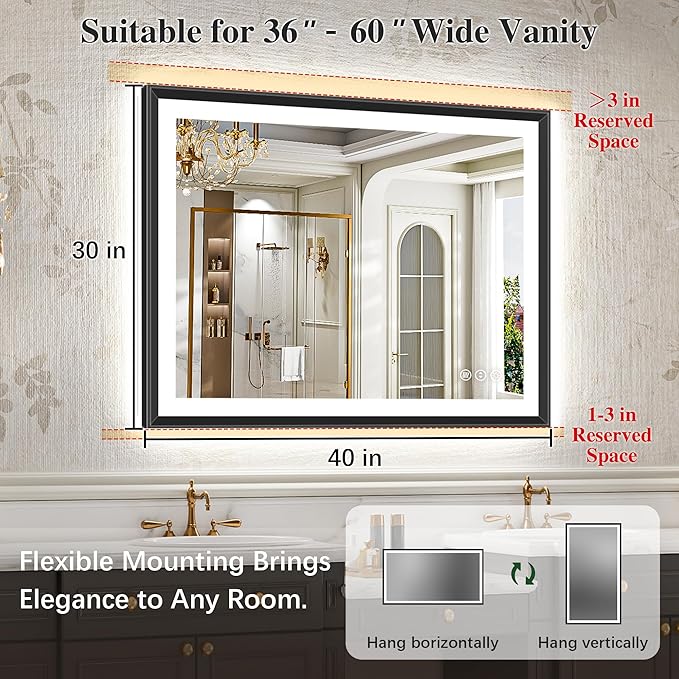 40x30 Black Framed Led Bathroom Mirror with Lights, Front Lit and Backlit, Lighted Vanity Mirror for Bathroom Wall, Anti-Fog, Dimmable, 3 Colors, Memory, HD Tempered Glass