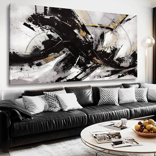 Abstract Wall Art for Living Room Canvas Wall Decor Large Artwork Black And Gold Wall Decorations Black Pictures for Wall 29"x58"