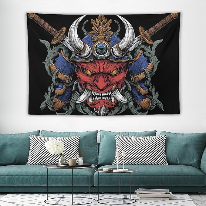 UUKXKUU Oriental Retro Mask Symmetry Samurai Japanese Tapestry Large Wall Art Decor Wall Hanging Flag Backdrop for Living Room Dorm Office Bedroom 40"×60"