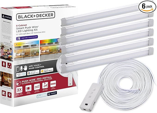 Black+Decker Professional Push Wire® Matter Certified Smart Under Cabinet Lighting Kit, Adjustable White and RGB LEDs, Works with Alexa, Apple Home, Google Home, (6) 12" Bars