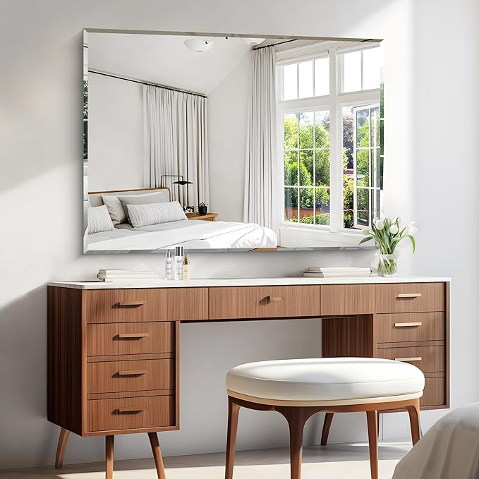 KOCUUY Beveled Mirror, 48x36 Inch Large Frameless Bathroom Mirror for Over Sink, Upgraded Shatterproof Beveled Unframed Design Mirror for Bathroom, Bedroom, Hang Horizontal/Vertical