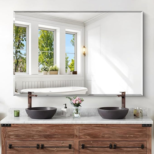 KOCUUY Beveled Mirror, 55x36 Inch Large Frameless Bathroom Mirror for Over Sink, Upgraded Shatterproof Beveled Unframed Design Mirror for Bathroom, Bedroom, Hang Horizontal/Vertical