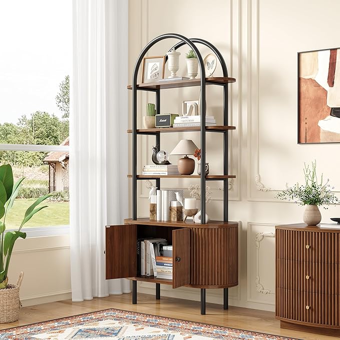 71" Tall Bookshelf, Bookcase, 4-Tier Book Shelf with Storage Cabinet, Curved Metal Frame Bookcase, Freestanding Industrial Storage Display Shelving for Living Room Office Bedroom, Walnut