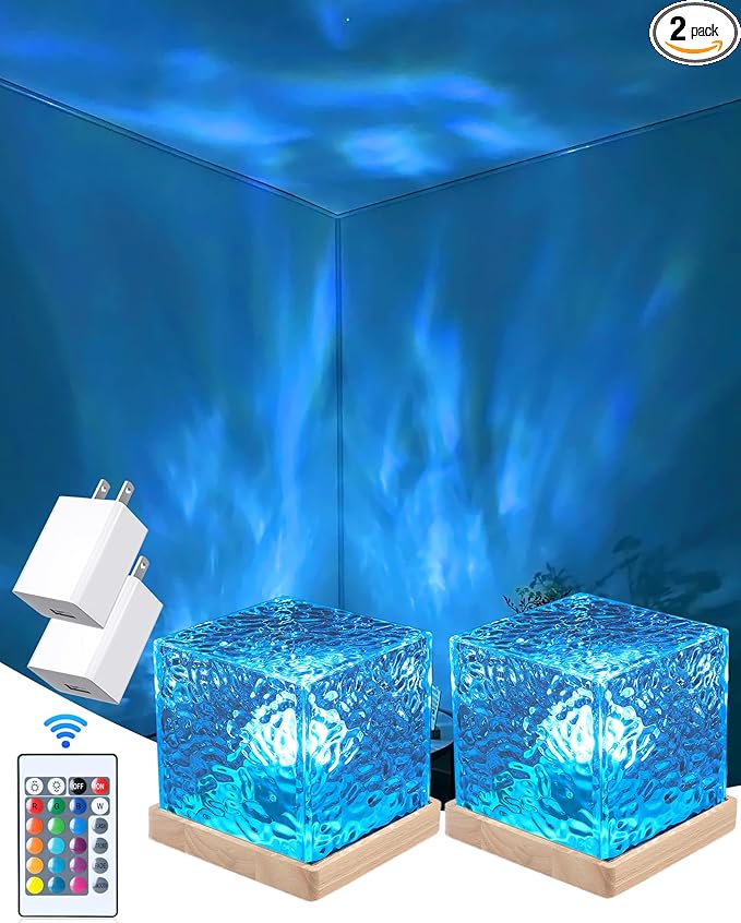 2 Packs Ocean Lamp with Charger Adapters,Northern Lights Cube Ocean Wave Projector Light,16 Colors Aurora Glow with Remote Control for Bedroom Living Room Game Room Decor
