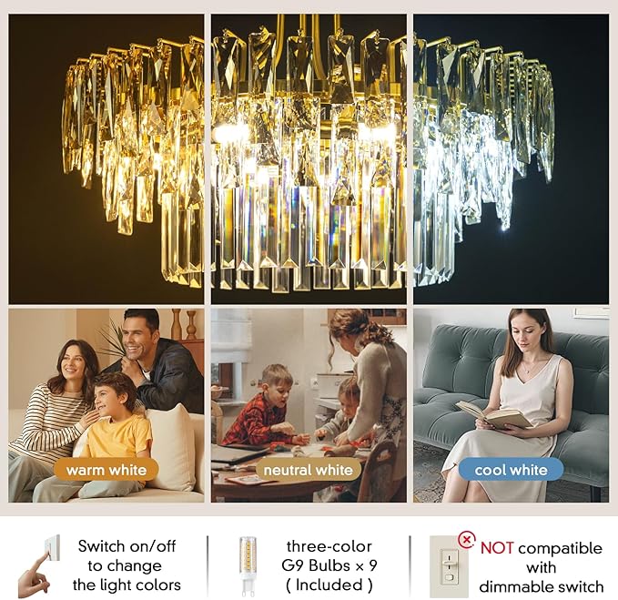 Modern Gold Round Crystal Dining room Chandelier - 23.6'' Luxury Raindrop K9 Crystals Chandeliers,Contemporary 3 Tier Ceiling Light Chandelier for Living room Bedroom Foyer Entryway (Include bulbs)