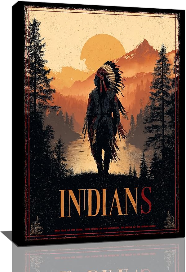 Native American Wall Art Indian Tribe Wall Decor Canvas Pictures Vintage Landscape Paintings Prints Traditional Artwork Framed Decorations For Bathroom Bedroom Living Room Office Gifts 16" x 24"