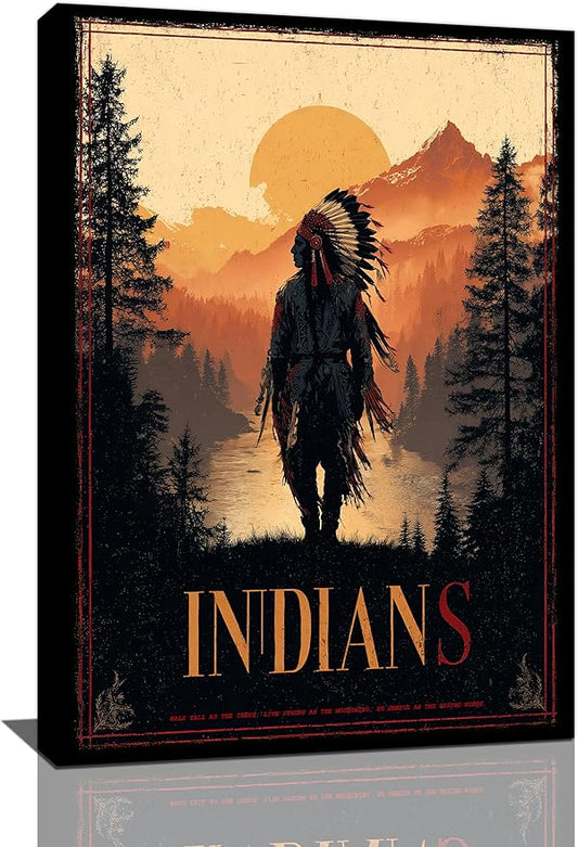 Native American Wall Art Indian Tribe Wall Decor Canvas Pictures Vintage Landscape Paintings Prints Traditional Artwork Framed Decorations For Bathroom Bedroom Living Room Office Gifts 16" x 24"