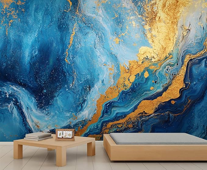 Blue Gold Marble Mural Wallpaper, Modern Fashion Marble Murals, Abstract 3D Texture Murals Wallpaper for Living Room Bedroom Tv Background Wall Home Decor Mural (Not Peel Stick)