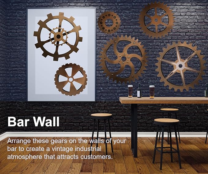 6 Piece Extra Large Vintage Wooden Gears Wooden Gears Wheels with Rustic Metal Look - Industrial Style Wall Decor Set for Home, Bar, Cafe, and DIY Crafts