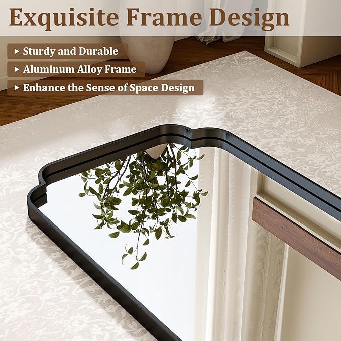 24X36 Inch Black Bathroom Mirror for Wall, Modern Rounded Corner Rectangle Mirror with Non-Rusting Iron Metal Framed Bathroom Vanity Mirror for Over Sink Wall Decor