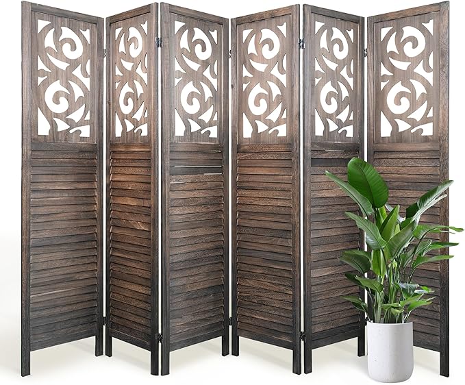 2 PCS Room Dividers 6 Panel Room Divider 5.6FT Wood Carved Room Dividers, Folding Privacy Screens Portable Freestanding Partition Wall Dividers for Bedroom, Office, Rustic Brown