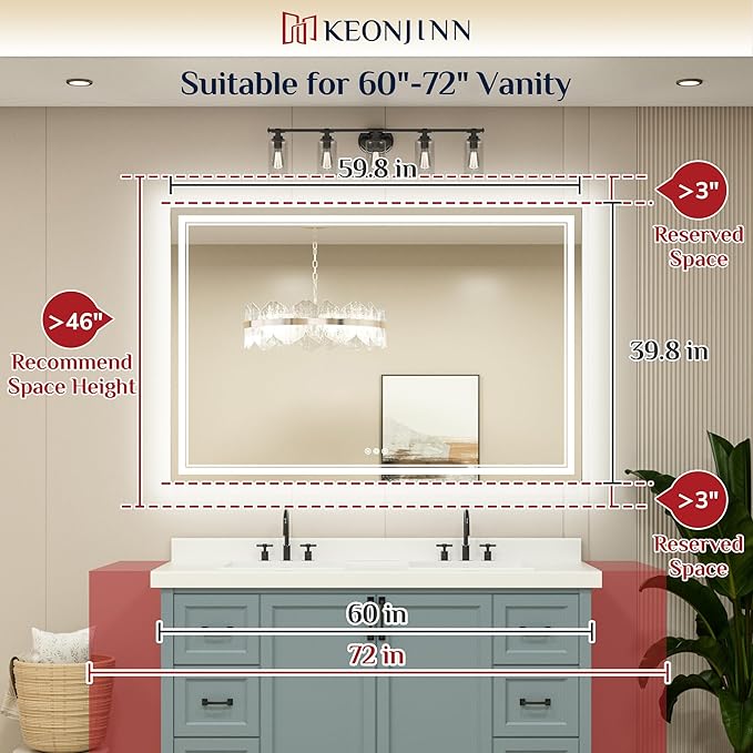 Keonjinn LED Bathroom Mirror 60" x 40" with Frontlit and Backlight, Tempered Glass Stepless 3 Colors Temperature & Dimmable Vanity Mirror, UL Listed LED Driver, Double Lights Anti-Fog Wall Mirror