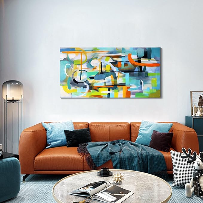 Mofutinpo Colorful Wall Art-Modern Abstract Canvas Wall Art-Teal And Blue Line Art -Pictures for Living Room Wall Decoration- Graffiti Paintings for Bedroom-Office Wall Decor 24×48in