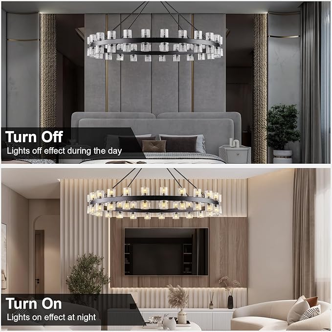 48 Inch Black Wagon Wheel Chandelier with Crystal Shade, Crystal Chandelier, Modern Farmhouse Style, Ideal for Dining Room, Kitchen, Entryways,48 Lights (Bulbs Included)